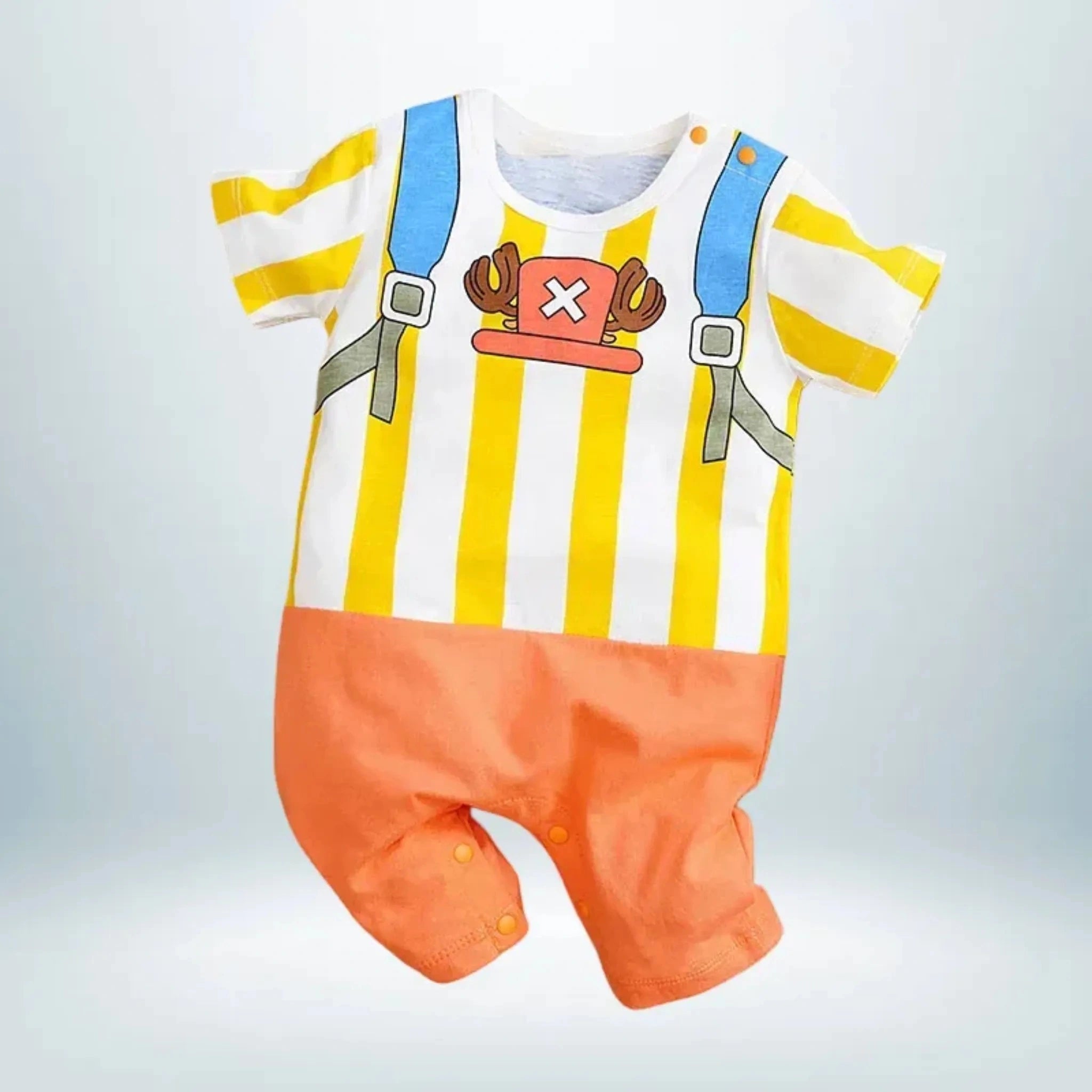Body bébé Chopper complet avec short orange et rayures jaunes inspiré de One Piece