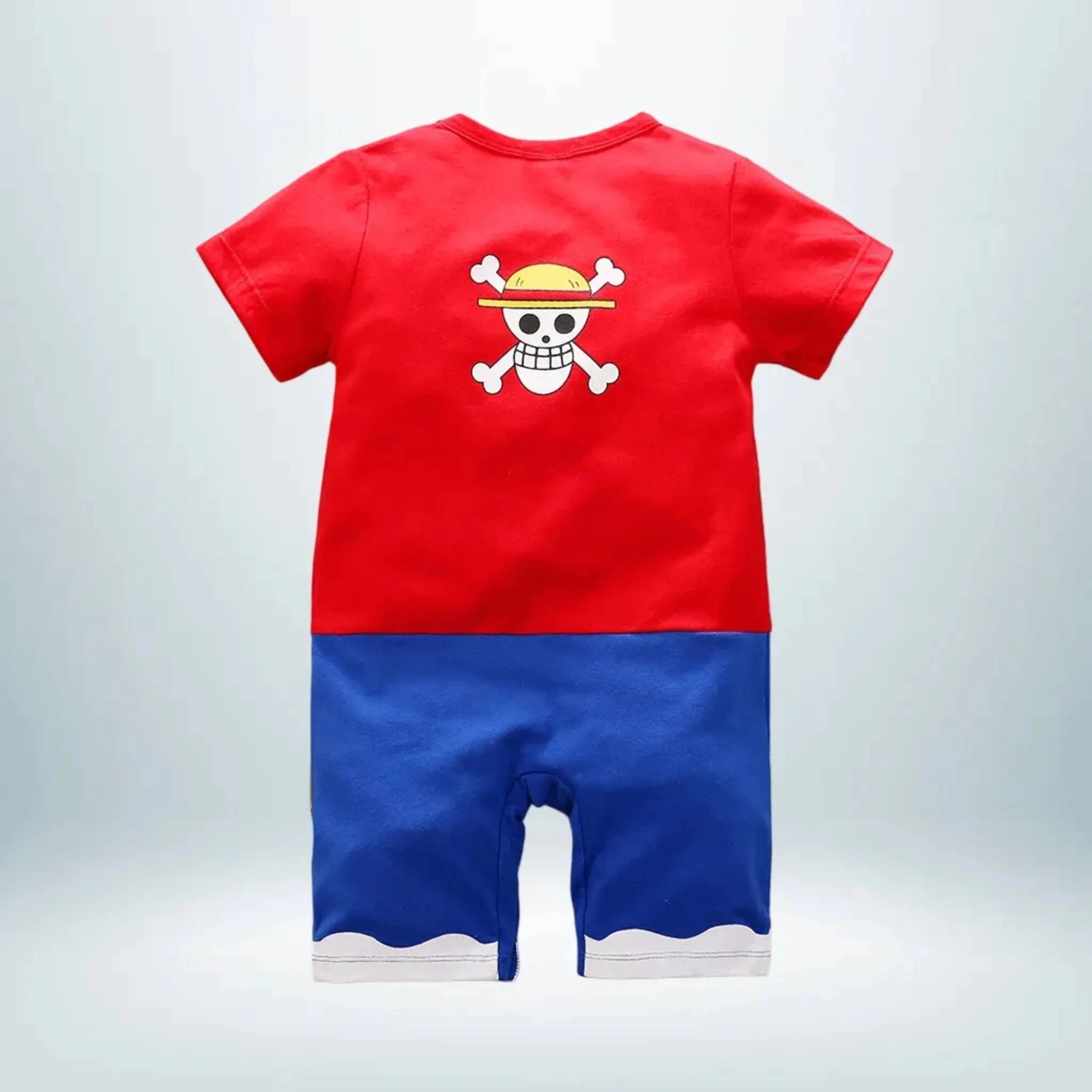 Dos du body bébé Luffy avec drapeau pirate et pantalon bleu imprimé