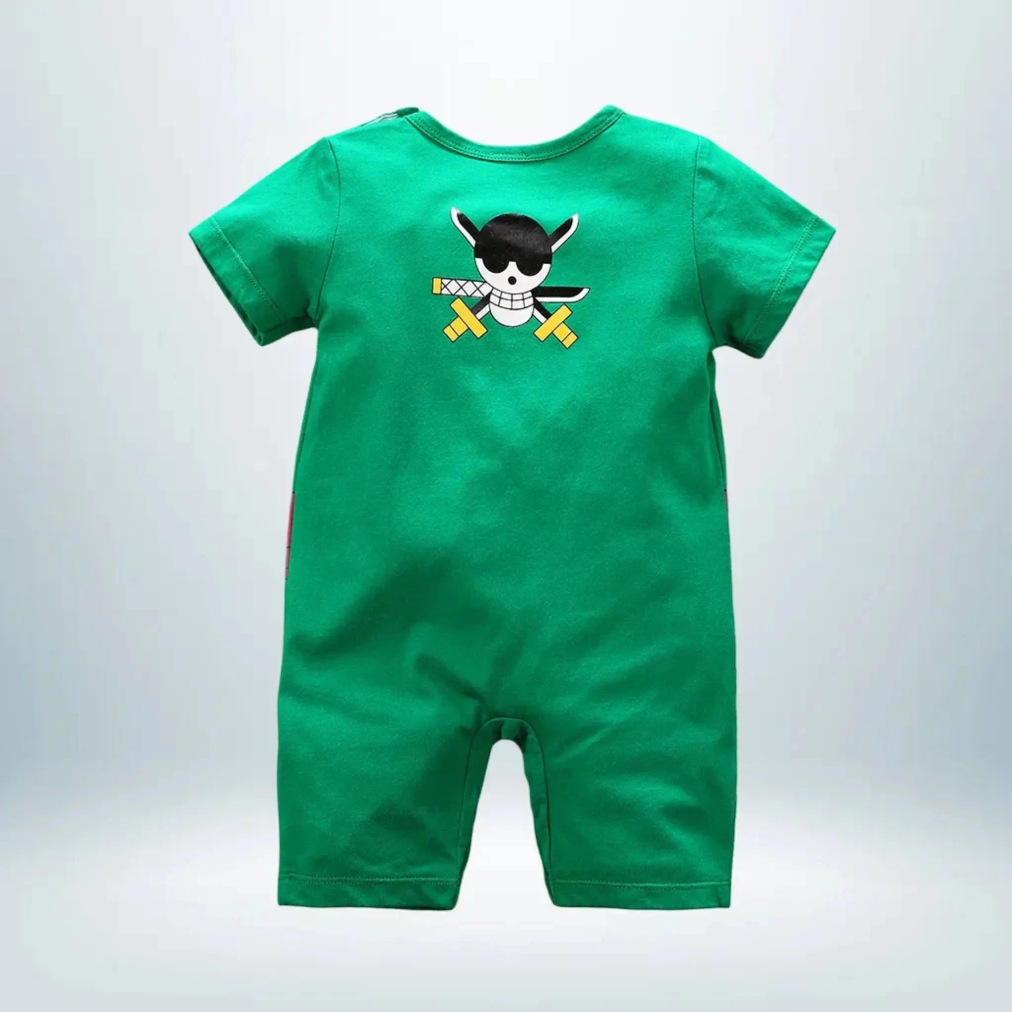 Vue arrière du body Zoro bébé avec drapeau pirate et manches courtes