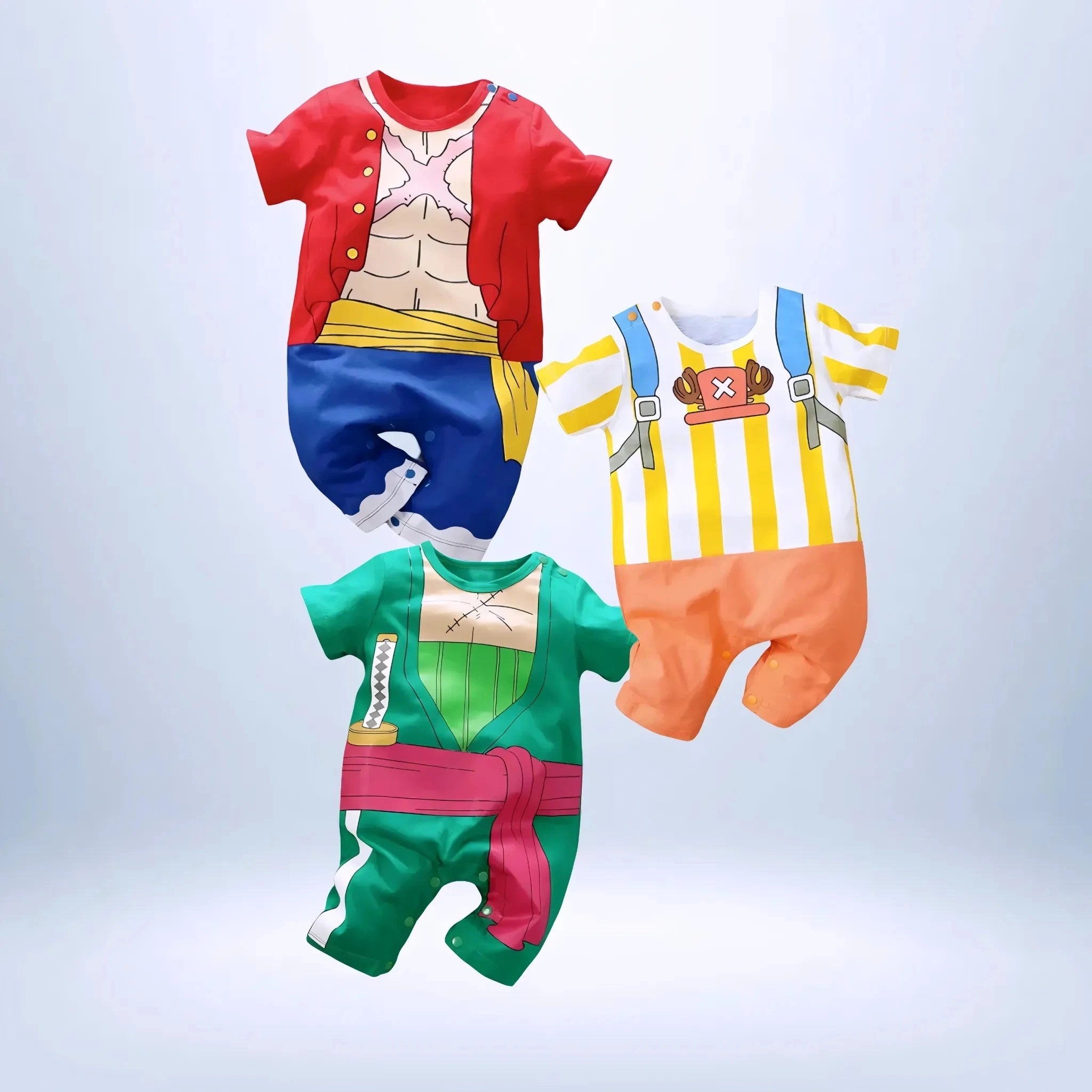 Pack de bodies bébé One Piece représentant Luffy, Zoro et Chopper avec tenues fidèles aux personnages