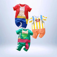 Pack de bodies bébé One Piece représentant Luffy, Zoro et Chopper avec tenues fidèles aux personnages